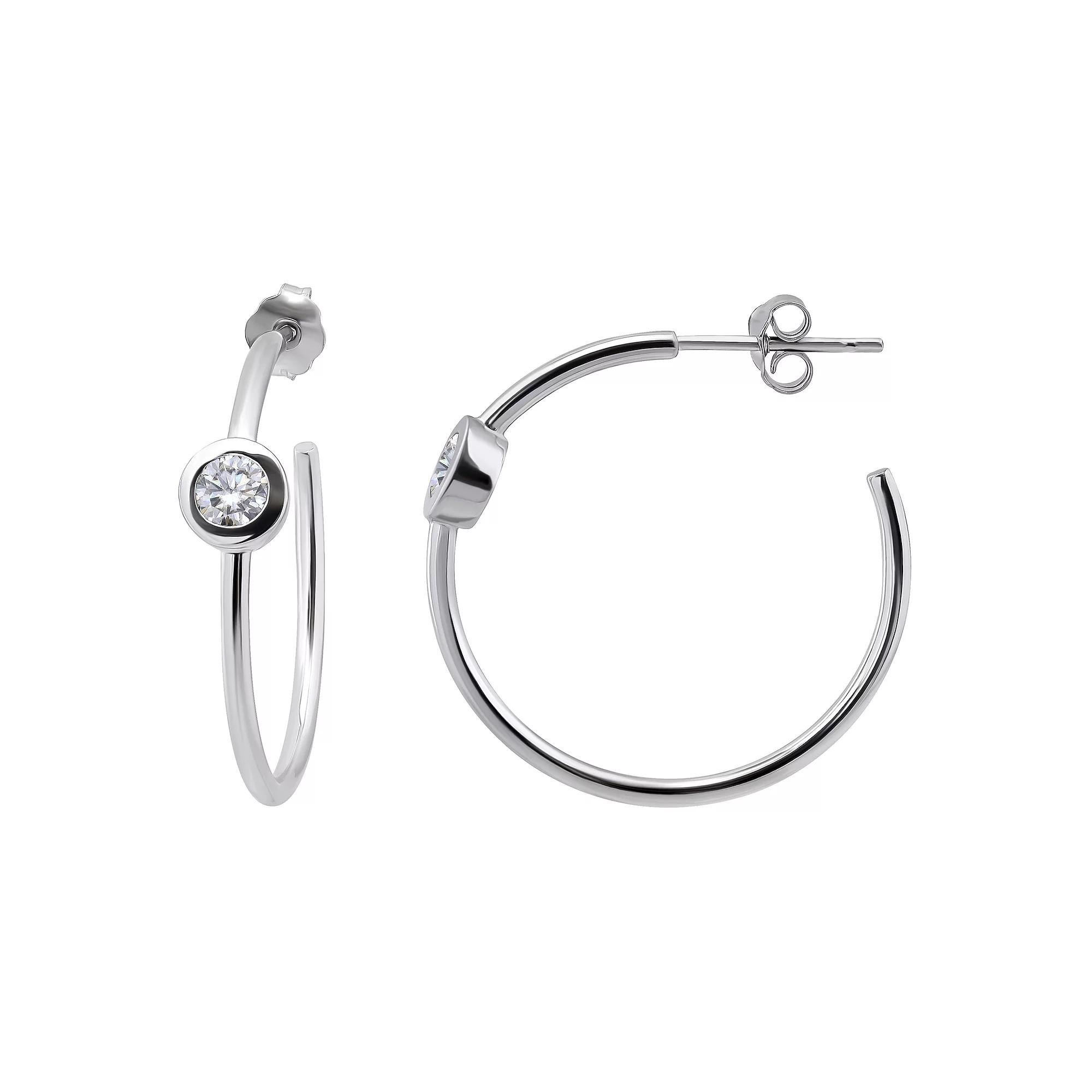 Aleure Precioso Sterling Silver Cubic Zirconia 25 mm C-Hoop Earrings, Women's Product Image