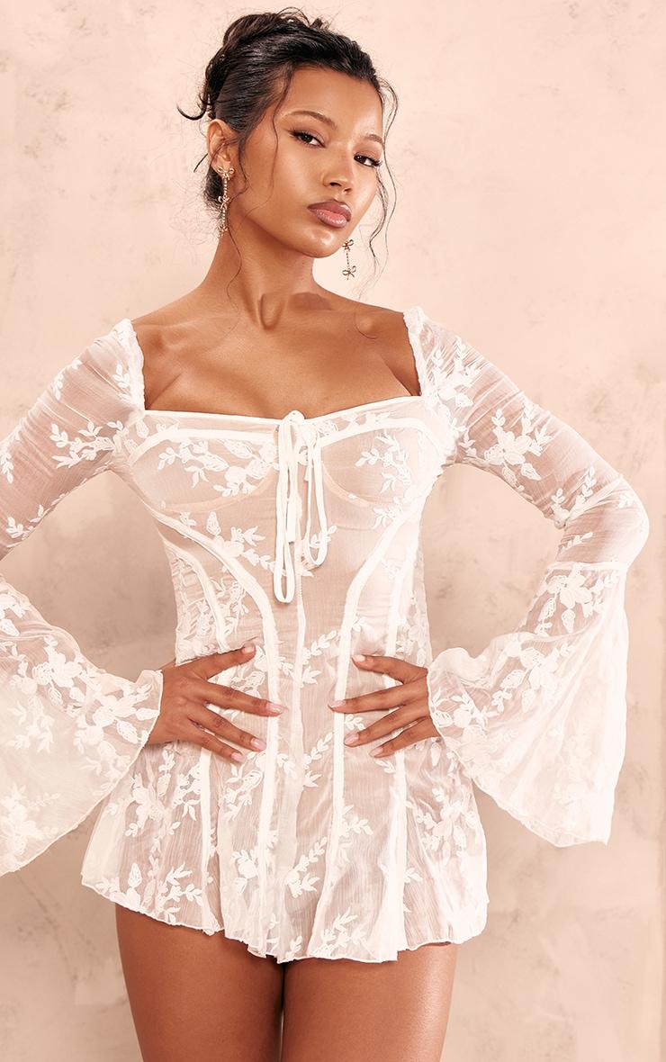 White Lace Flared Sleeve Binding Detail Romper Product Image