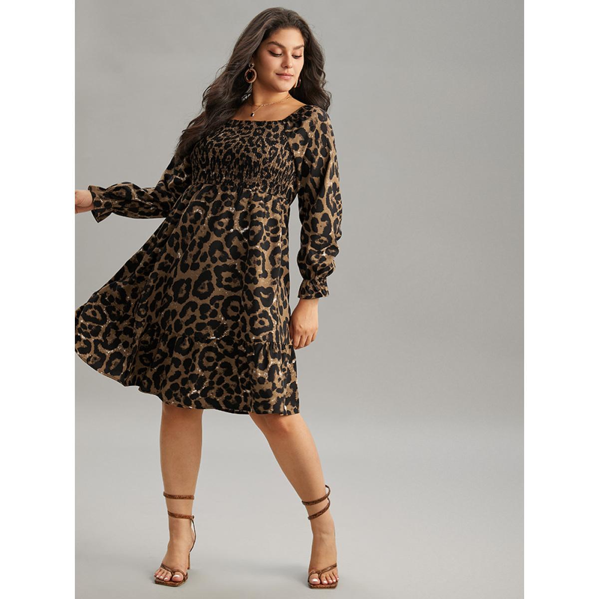 Plus Size Square Neck Leopard Shirred Ruffles Dress Leopard Women Elegant Gathered Square Neck Long Sleeve Curvy Knee Dress BloomChic 26/4X Product Image