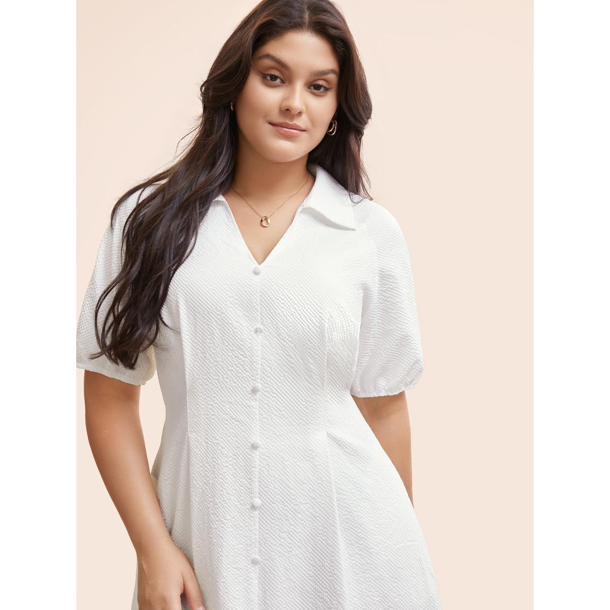 Plus Size Texture Shirt Collar Button Detail Split Front Dress Ivory Women At the Office Texture Shirt collar Half Sleeve Curvy BloomChic 28/5X Product Image