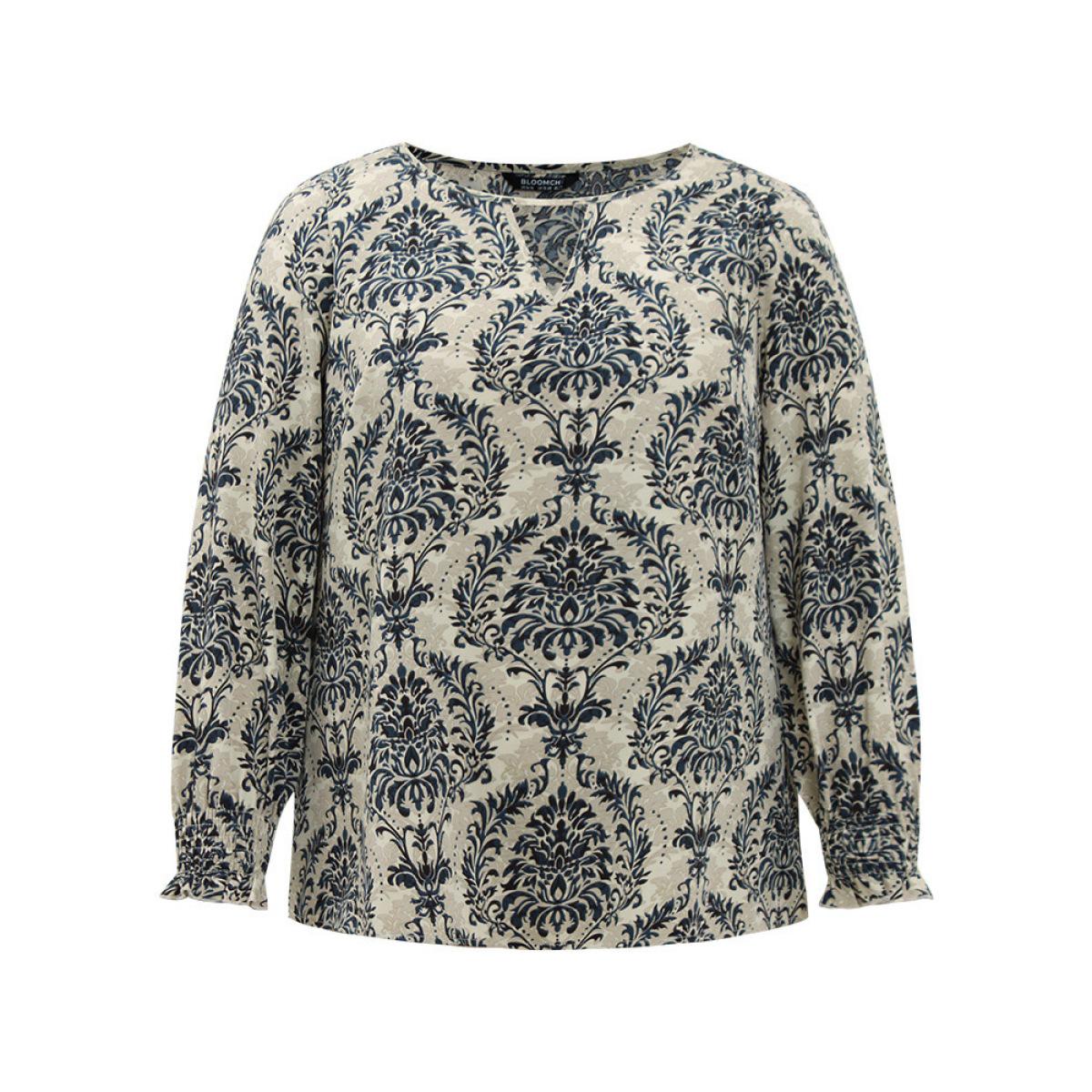 Plus Size Multicolor Bandana Print Keyhole Shirred Lantern Sleeve Blouse Women Vacation Long Sleeve Keyhole Cut-Out Vacation Blouses BloomChic 12/L Product Image