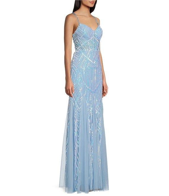 Blondie Nites Sequin Pattern Sweetheart Neck Spaghetti Strap Corset Tie Back Mesh Godet Gown Product Image