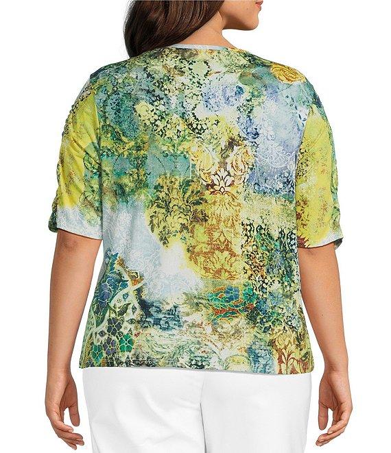 Investments Plus Size Knit Vintage Tapestry Elbow Length Sleeve Crew Neck Top Product Image