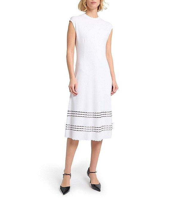 MISOOK Soft Knit Round Neck Cap Sleeve Scallop Trim A-Line Midi Dress Product Image
