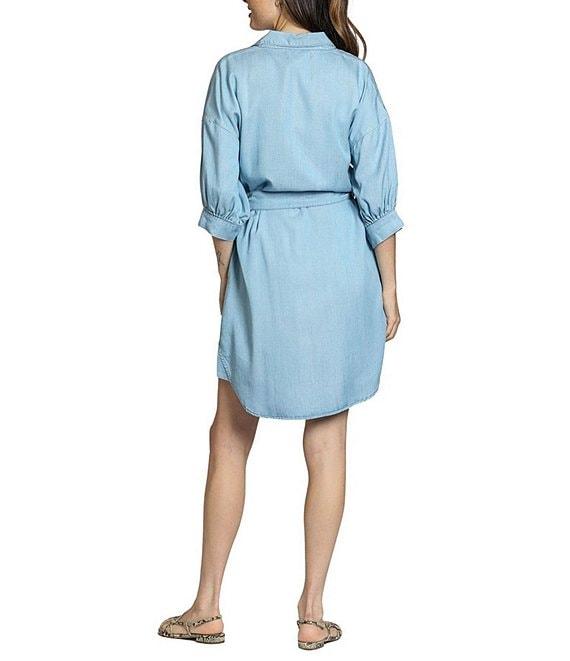 APNY Tencel Spread Collar 3/4 Puff Sleeve Belted Button Front Shirt Dress Product Image