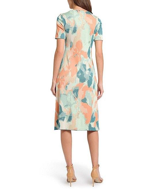 MISOOK Abstract Floral Knit Round Neck Short Sleeve A-Line Midi Dress Product Image