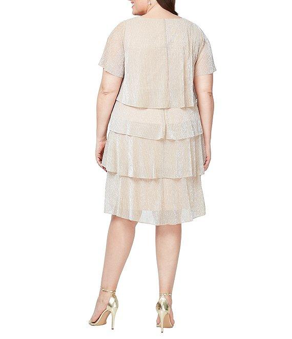 Ignite Evenings Plus Size V-Neck Shimmer Tiered Short Sleeve Dress Product Image
