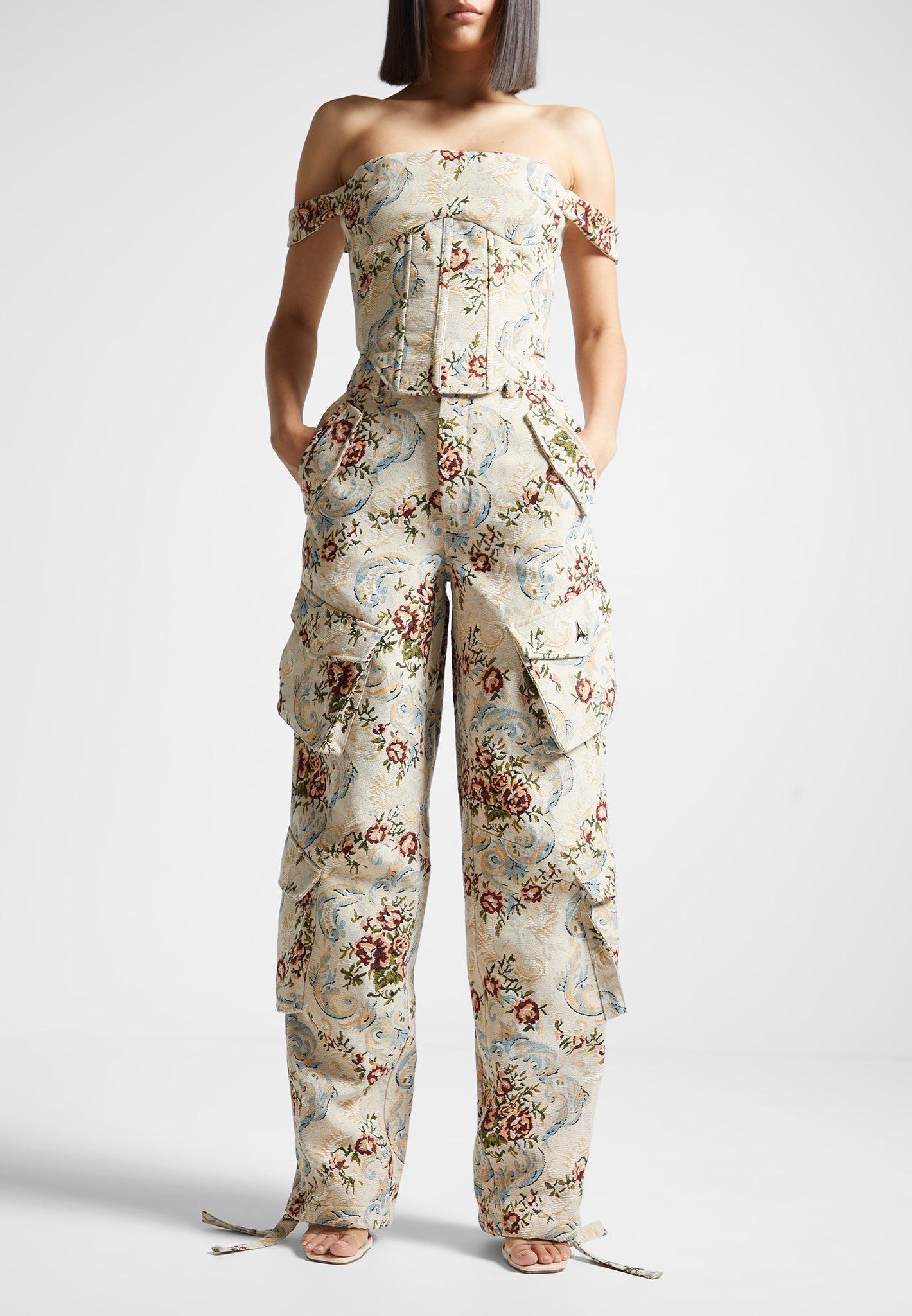 Anne - Floral Jacquard High Waisted Cargo Pants - Beige Female Product Image