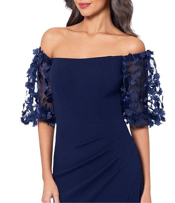 Xscape 3D Flower Applique Off-the-Shoulder Short Puffed Sleeve Scuba Crepe Sheath Gown Product Image