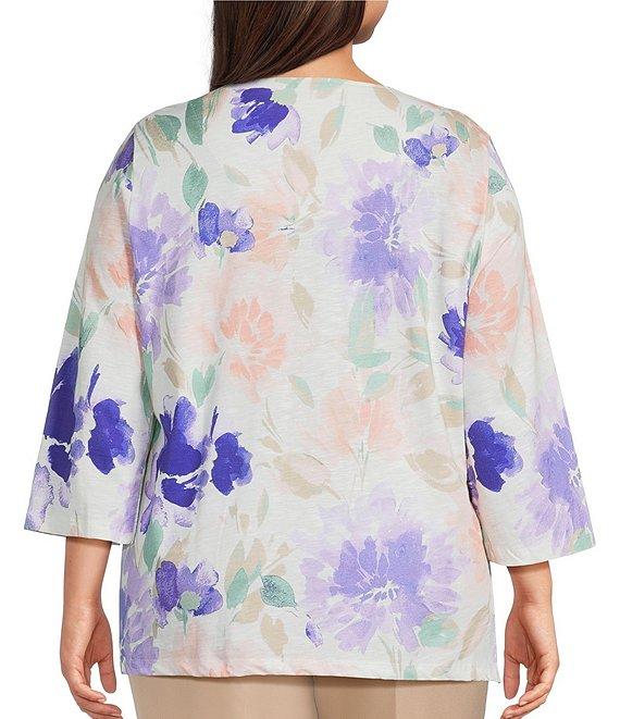 Allison Daley Plus Size Floral Print 3/4 Sleeve V-Neck Beaded Applique Knit Top Product Image
