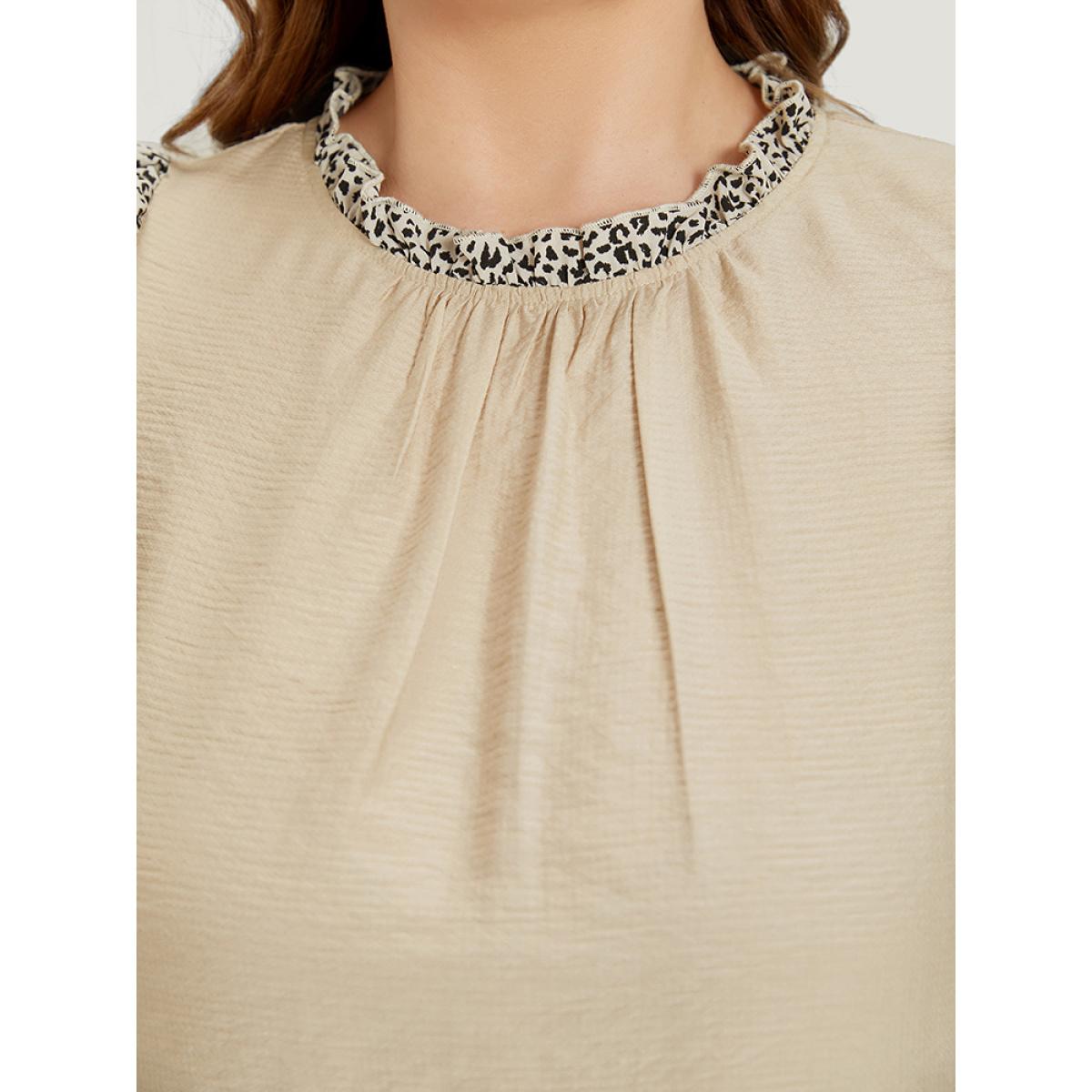 Plus Size Apricot Leopard Patchwork Halter Frill Trim Flutter Sleeve Blouse Women Elegant Cap Sleeve Halter neck Dailywear Blouses BloomChic 14-16/1X Product Image