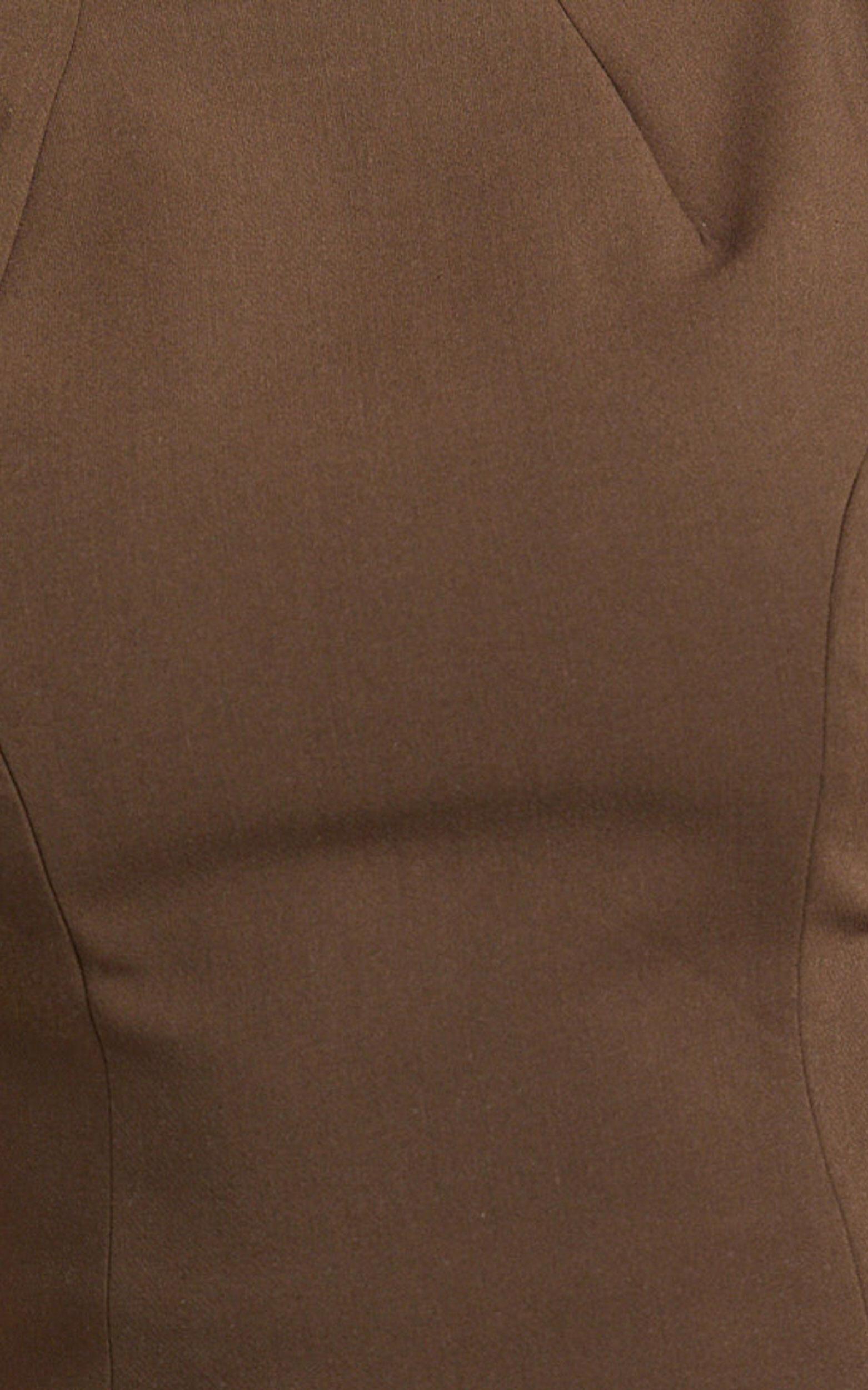 Langley Mini Dress - Sleeveless High Neck Faux Wrap Tulip Dress in Brown Product Image