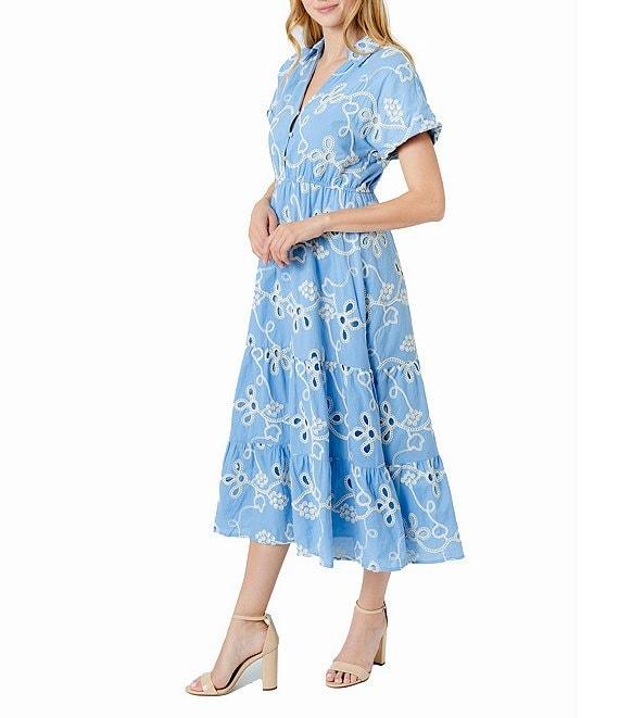 Sam Edelman Eyelet Embroidered Floral Point Collar Neck Short Sleeve Button Front A-Line Midi Dress Product Image