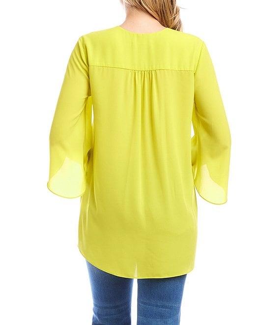 Karen Kane Silky Crepe V-Neck 3/4 Flare Sleeve Asymmetric Top Product Image
