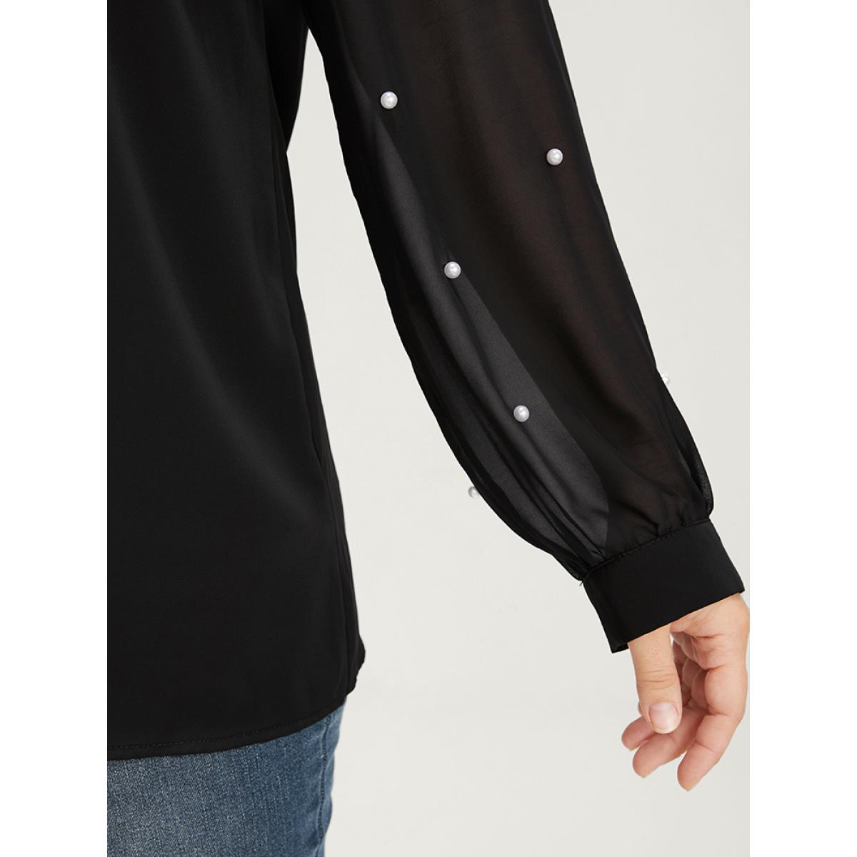 Plus Size Black Solid Patchwork Mesh Sleeve Pearls Beaded Blouse Women Glamour Long Sleeve V-neck Going out Blouses BloomChic 12/L Product Image
