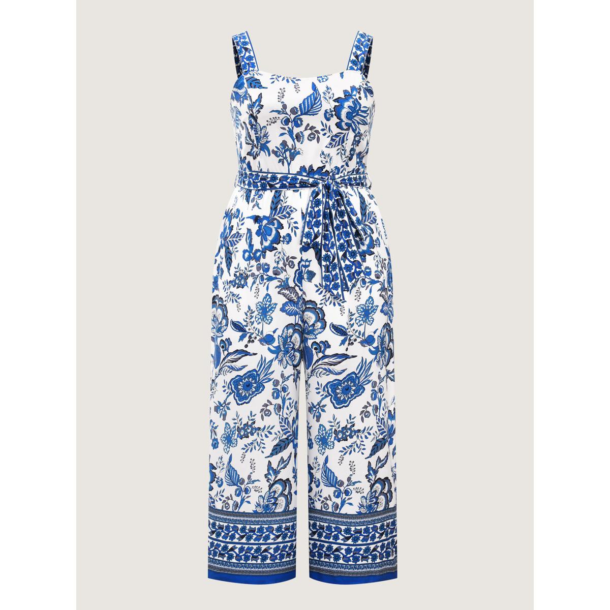 Plus Size Mediumblue Rayon Floral Print Lined Pockets Jumpsuit Women Sleeveless Square Neck Vacation Loose Jumpsuits BloomChic 26/4X Product Image