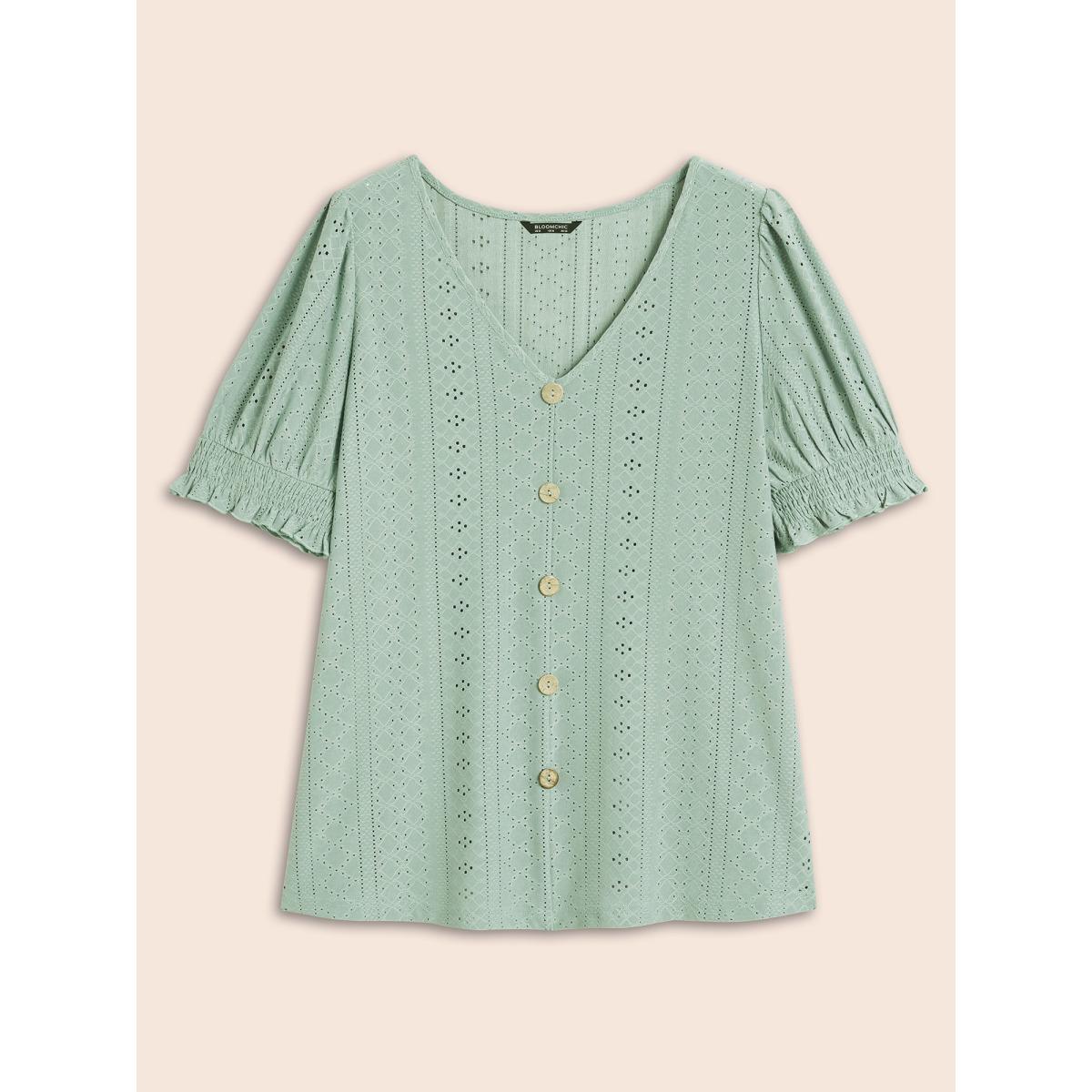 Plus Size Plain Broderie Anglaise Shirred Puff Sleeve Button Detail T-shirt Sage Women Casual Button Plain V-neck Everyday T-shirts BloomChic 26/4X Product Image