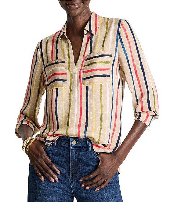 NIC + ZOE Painted Stripe Collar V-Neck Long Sleeve Top Product Image