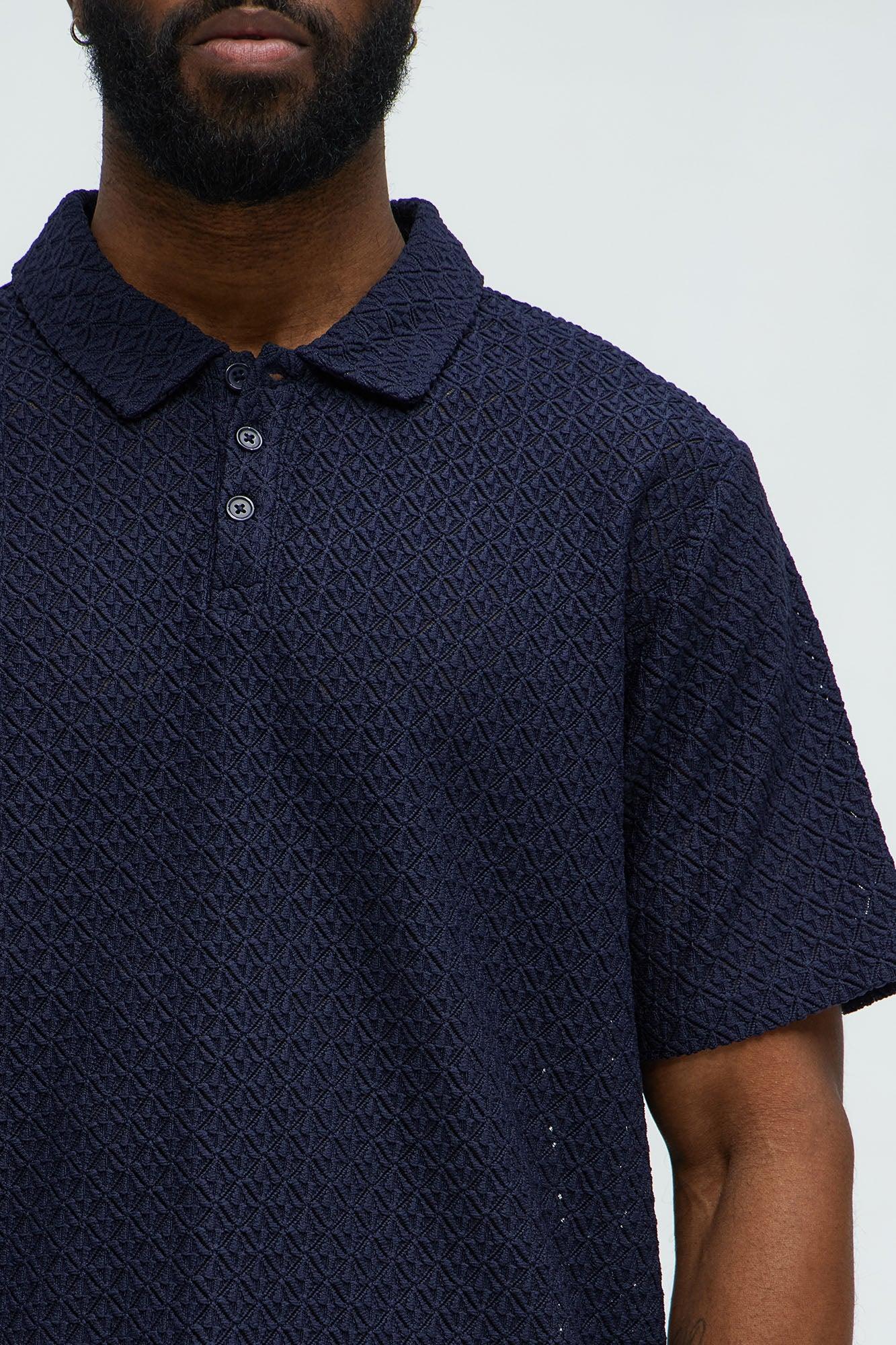 Ferrin Textured Knit Polo Shirt - Navy Product Image