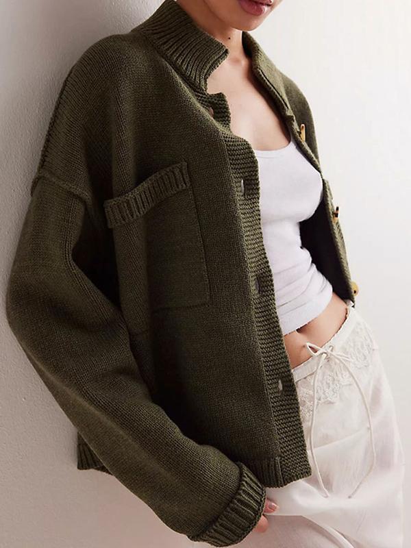 Long Sleeves Loose Buttoned Pockets Solid Color Split-Joint Stand Collar Cardigan Tops Product Image