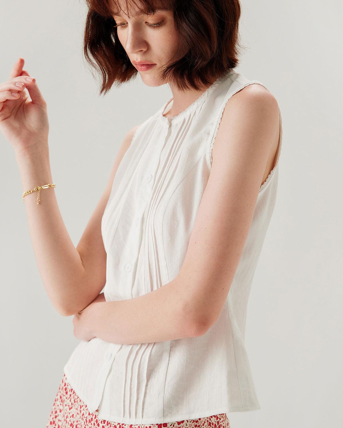 White Crew Neck Button Sleeveless Blouse Product Image