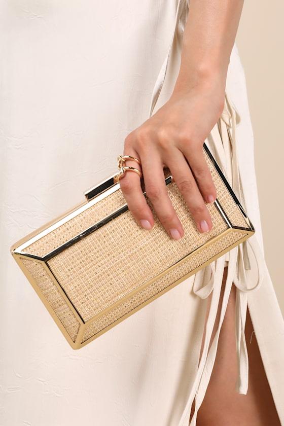 Rafie Beige and Gold Woven Raffia Crossbody Clutch Product Image