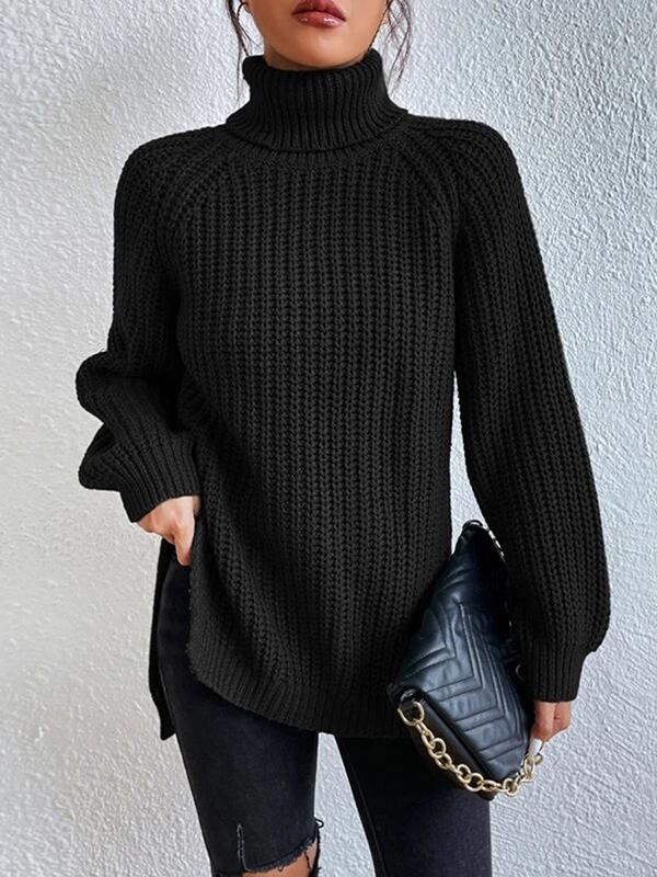 Long Sleeves Loose Solid Color Split-Side High Neck Pullovers Sweater Tops Product Image