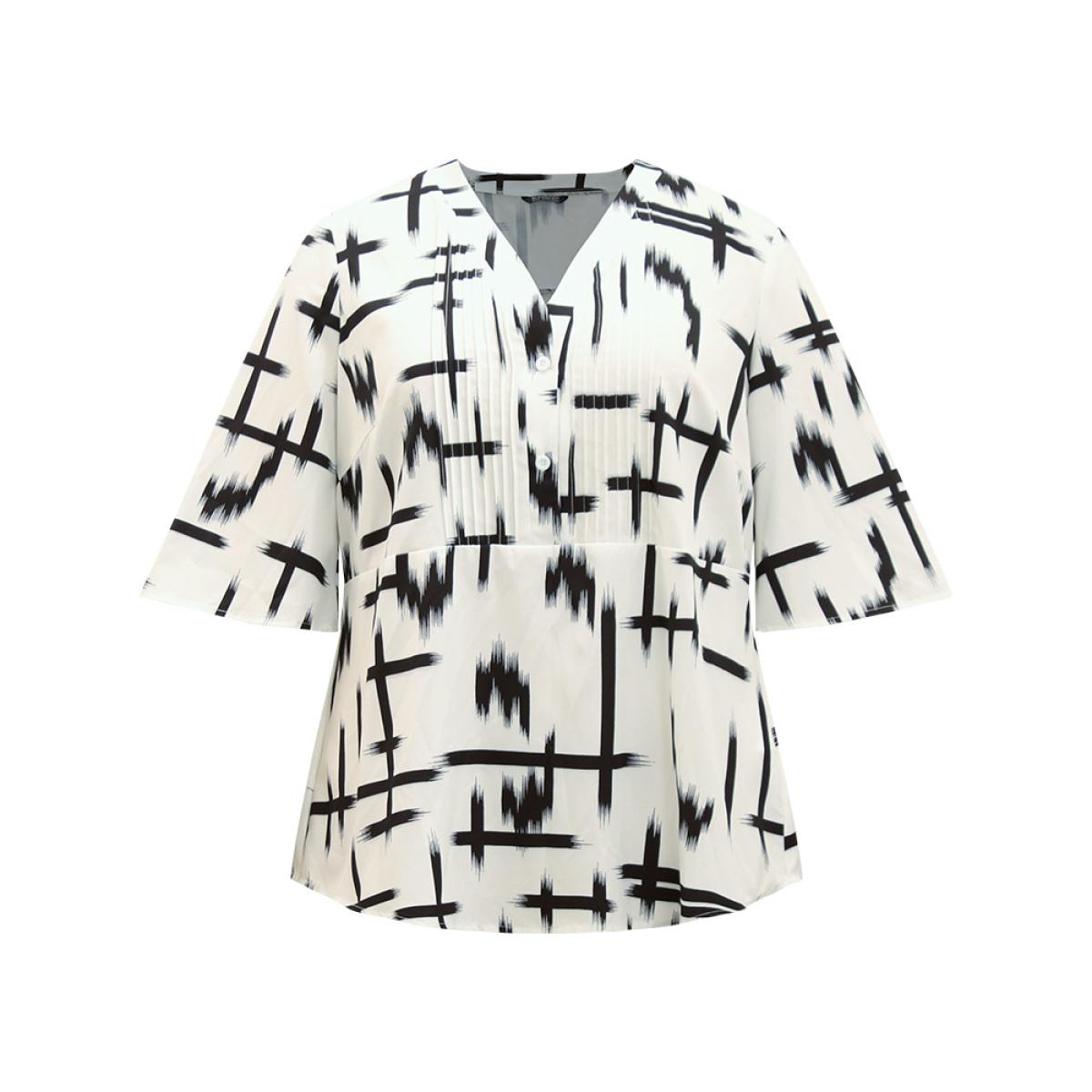 Plus Size Ivory Brush Print V Neck Pleated Ruffles Button Up Blouse Women Office Half Sleeve V-neck Work Blouses BloomChic 12/L Product Image