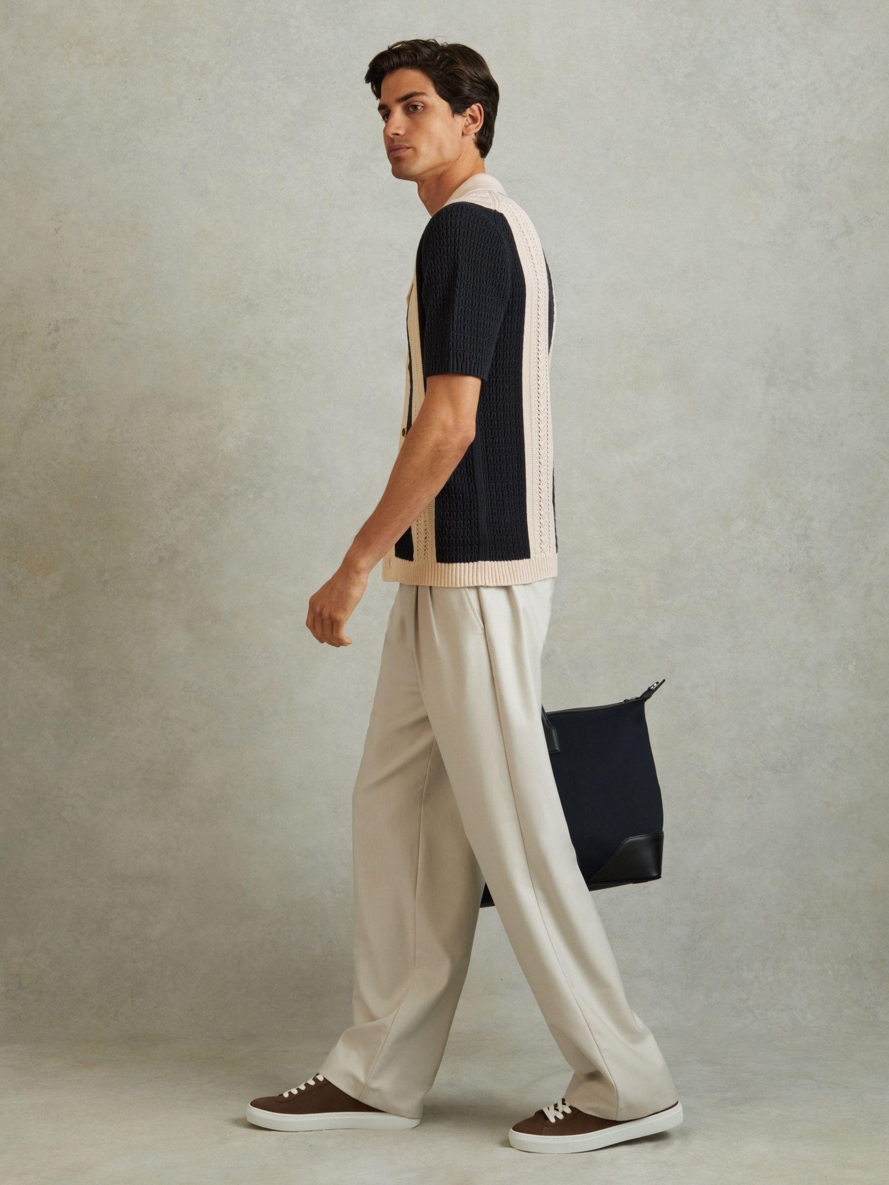 Crochet Striped Cuban Collar 100% Cotton Shirt in Navy/Stone Product Image