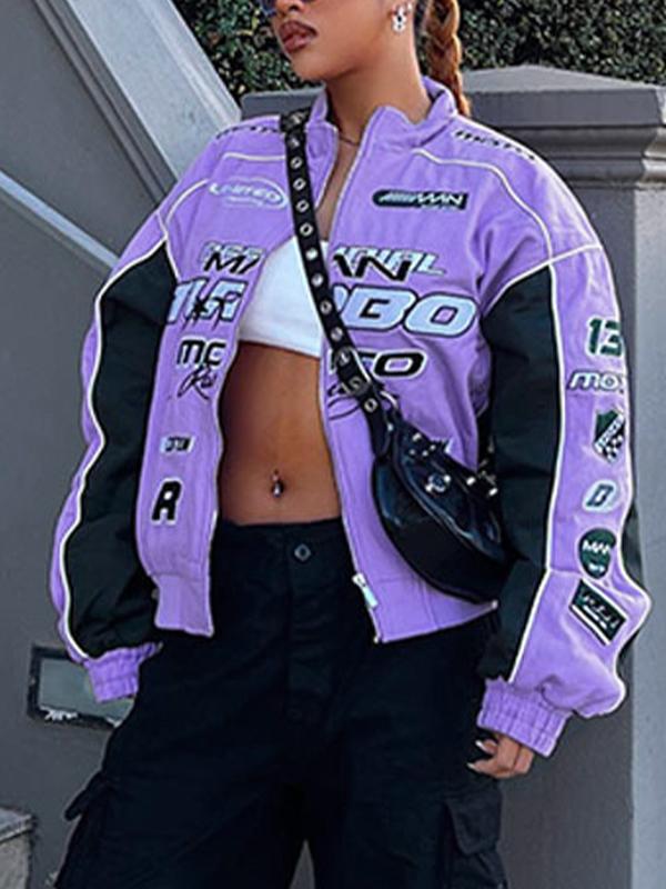 Color Block Splice Print Motorcycle Jacket Product Image