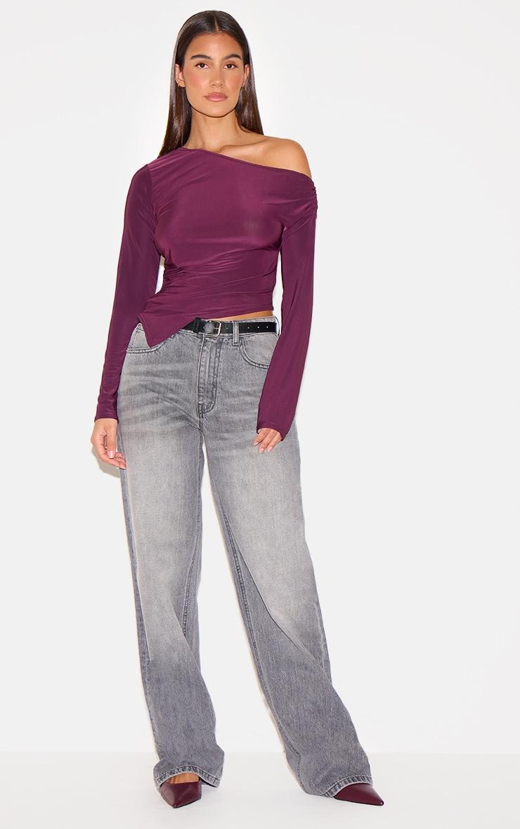 Plum Soft Touch Asymmetric Ruched Long Sleeve Top Product Image