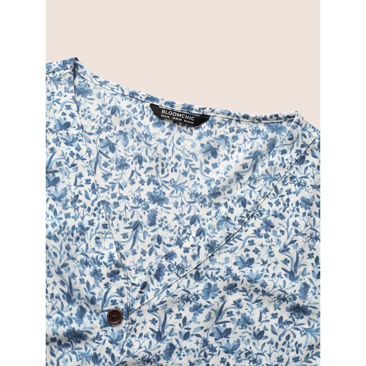 Plus Size Ditsy Floral Sleeveless Button Detail Tank Top Women LightBlue Casual Button V-neck Everyday Tank Tops Camis BloomChic 12/L Product Image