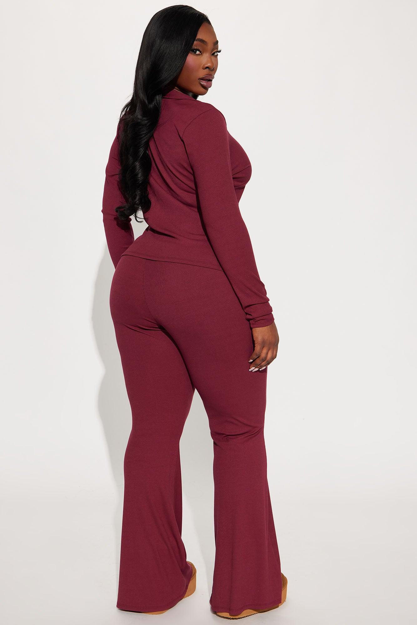 Marlen Ribbed Pant Set - Burgundy Product Image