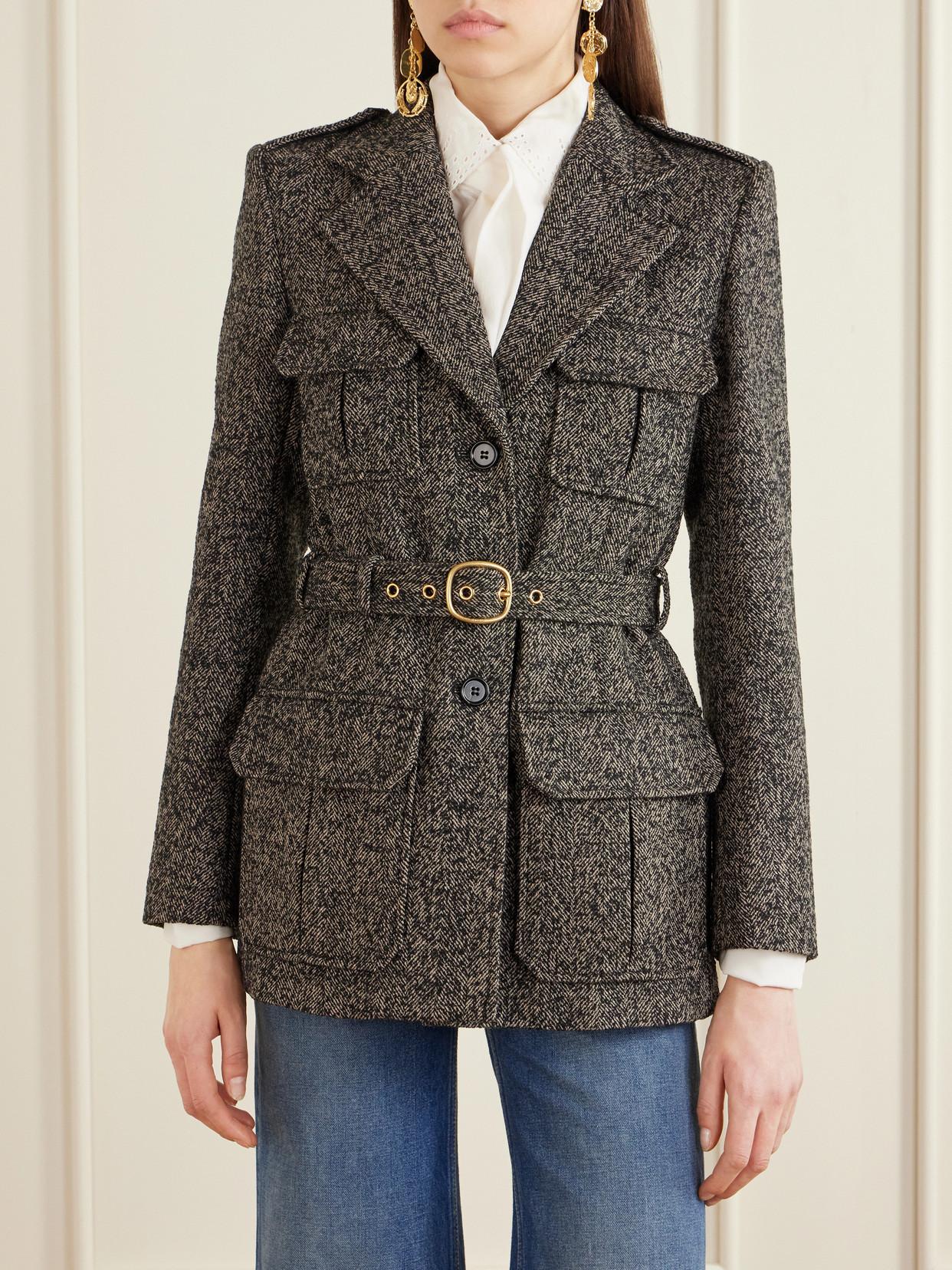 CHLOÉ Belted Herringbone Wool-blend Jacket In Brown Product Image