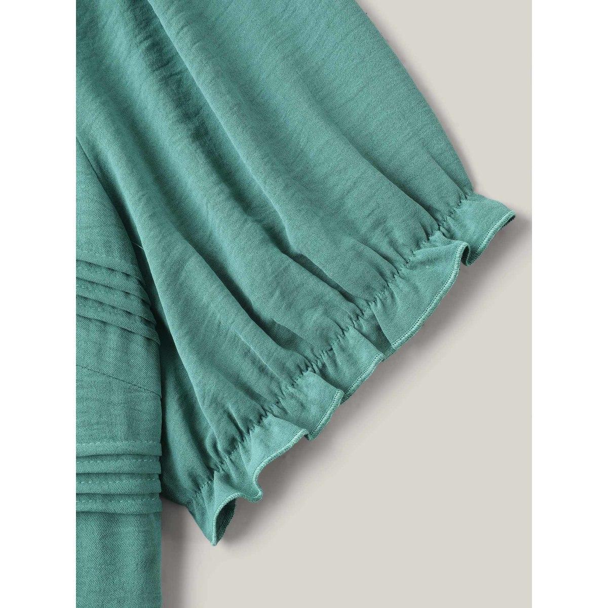 Plus Size Teal Pleated Bodice Puff Sleeve Plain Top Women Short sleeve Round Neck Everyday-Casual Blouses BloomChic 26/4X Product Image