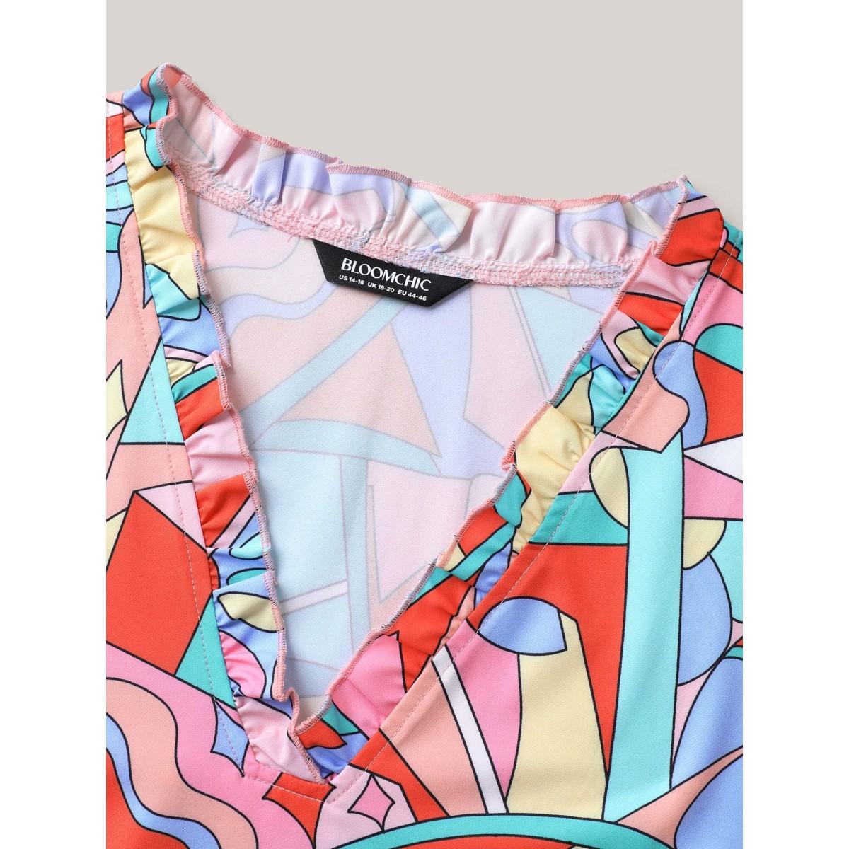 Plus Size Multicolor Abstract Pattern Petal Trim V-Neck Blouse Women Casual Short sleeve V-neck Everyday Blouses BloomChic 14-16/1X Product Image