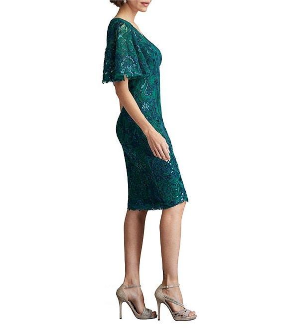 Tadashi Shoji Embroidered Sequin Lace V-Neck Flutter Sleeve Dress Product Image