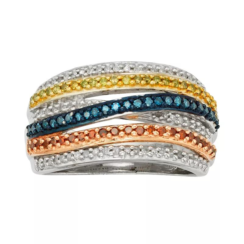 Jewelexcess Sterling Silver 1/2-ct. T.W. Blue, Red, Yellow and White Diamond Crisscross Ring, Women's, Size: 7, Multicolor Product Image