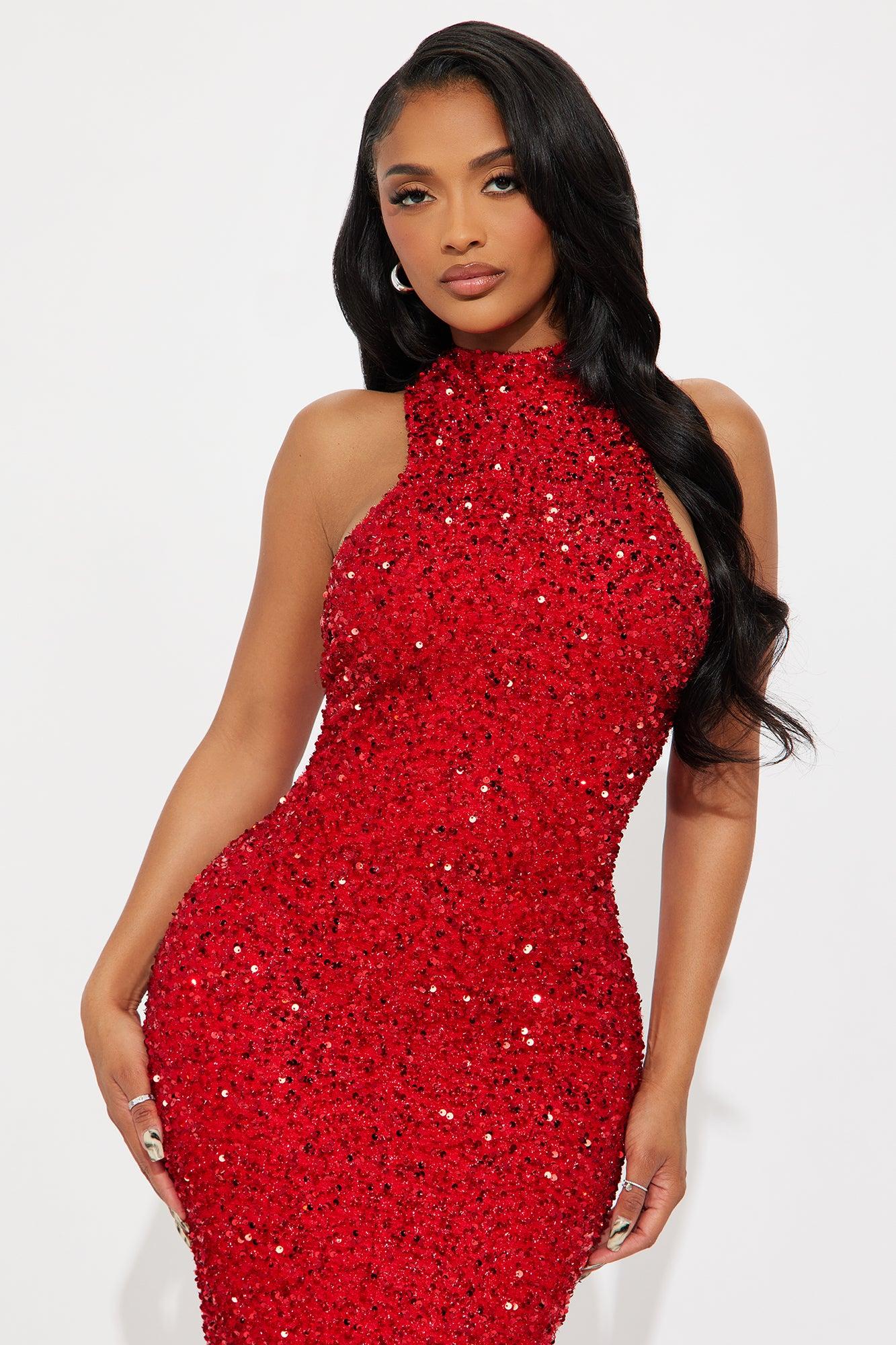 Zoey Feathered Sequin Gown - Red Female Product Image