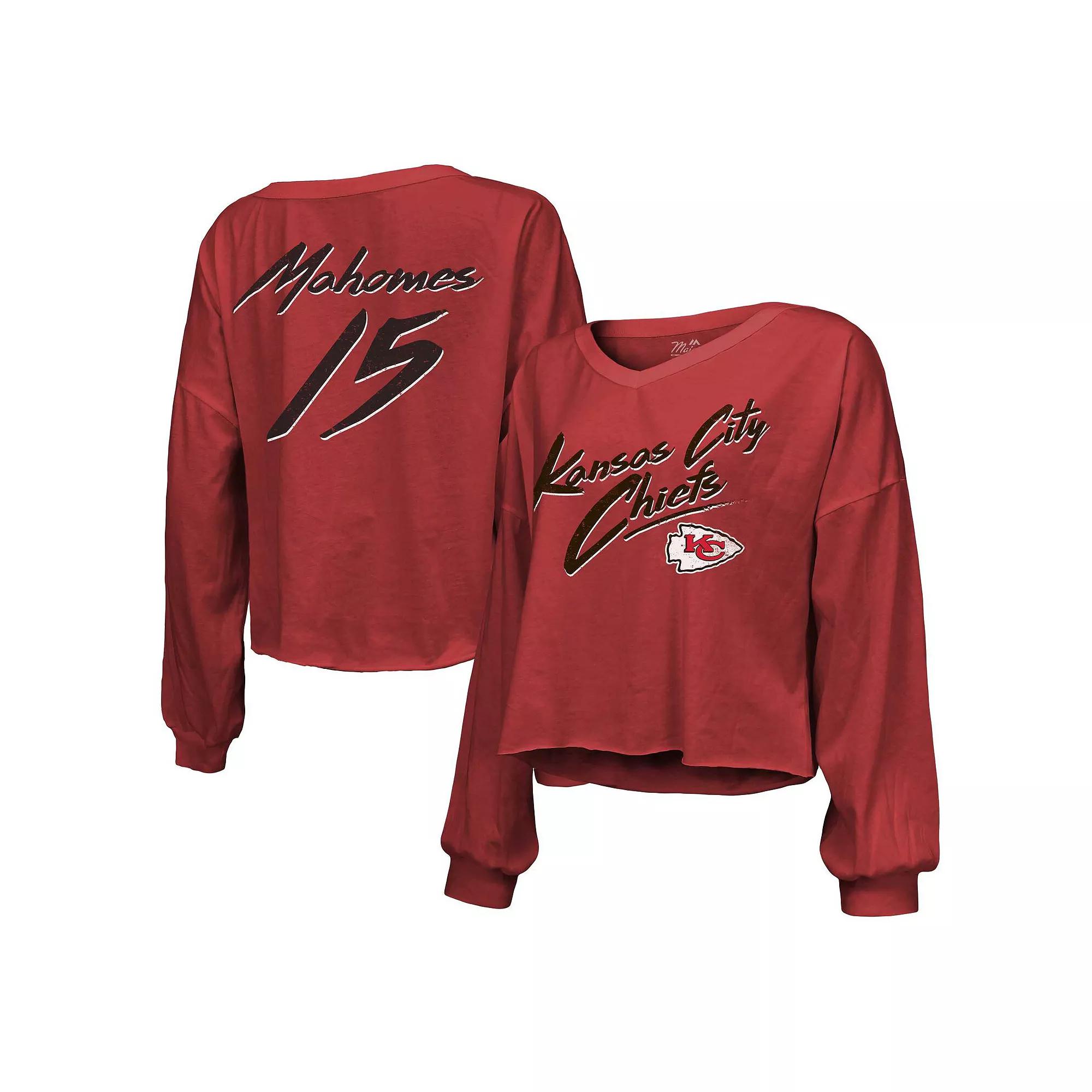 Women's Majestic Threads Patrick Mahomes Red Kansas City Chiefs Name & Number Off-Shoulder Script Cropped Long Sleeve V-Neck T-Shirt, Size: Medium Product Image