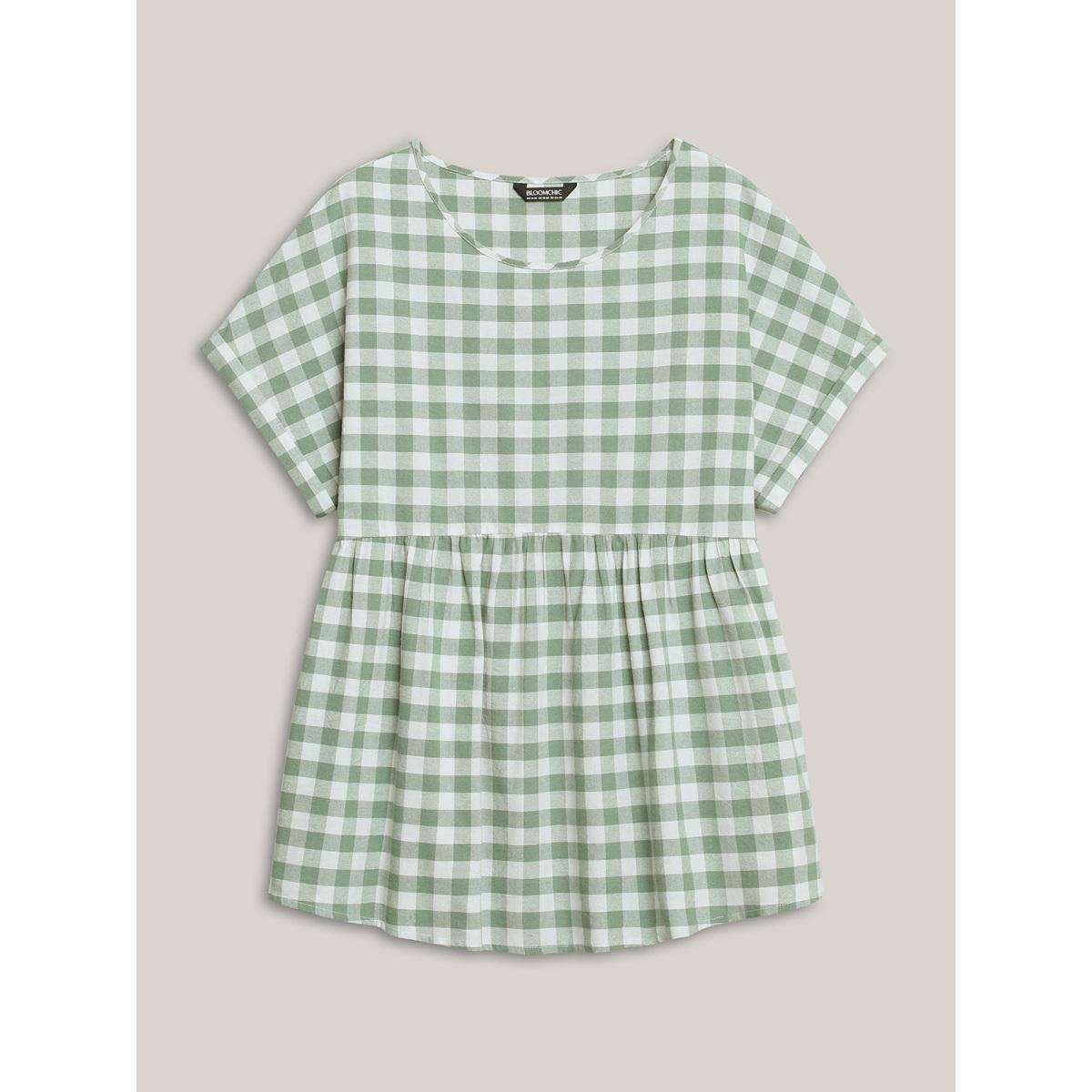 Plus Size Sage Plaid Pattern Waist-Cinched Blouse Women Casual Short sleeve Round Neck Everyday-Casual Blouses BloomChic 18-20/2X Product Image