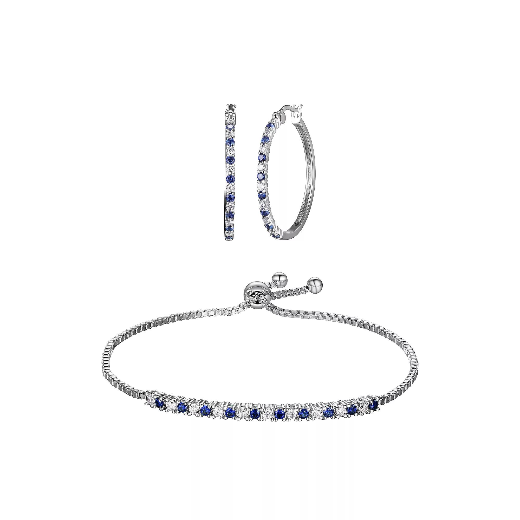 Sterling Silver Lab-Created Sapphire & Cubic Zirconia Bracelet & Hoop Earring Set, Women's, Size: 9" Product Image