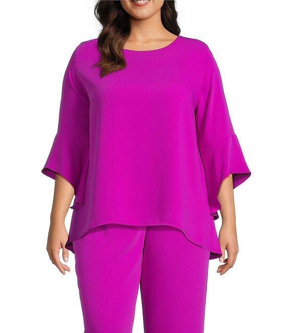 Caroline Rose Plus Size Julia Matte Crepe Round Neck 3/4 Ruffled Sleeve High-Low Hem Top Product Image