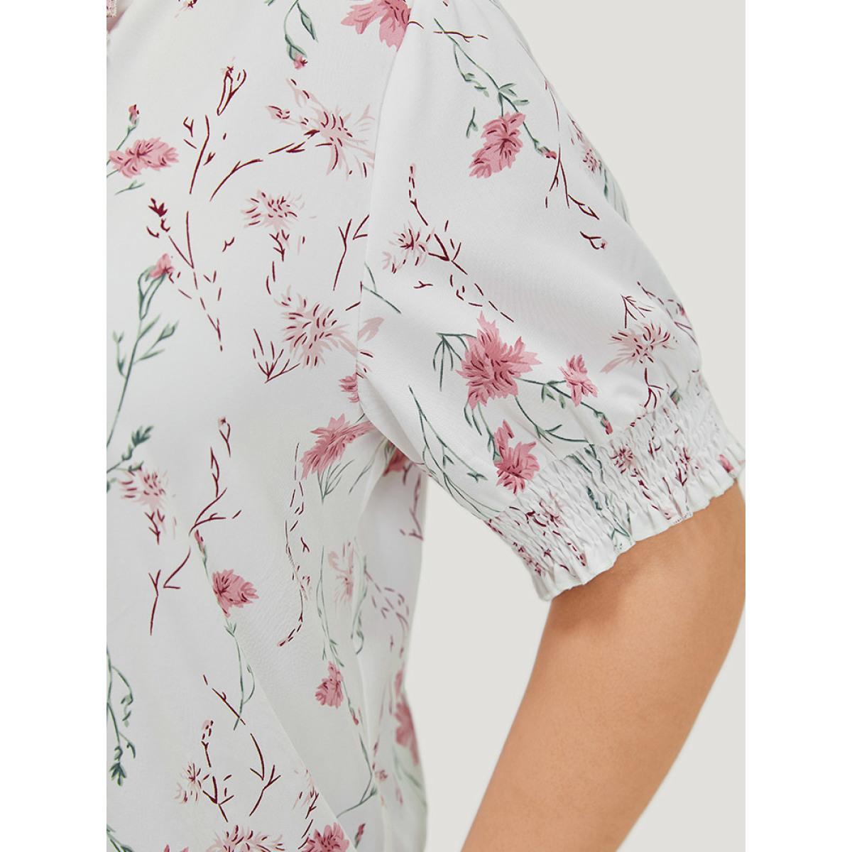 Plus Size White Floral Knot Frill Trim Shirred Lantern Sleeve Blouse Women Elegant Short sleeve Tie Neck Dailywear Blouses BloomChic 18-20/2X Product Image