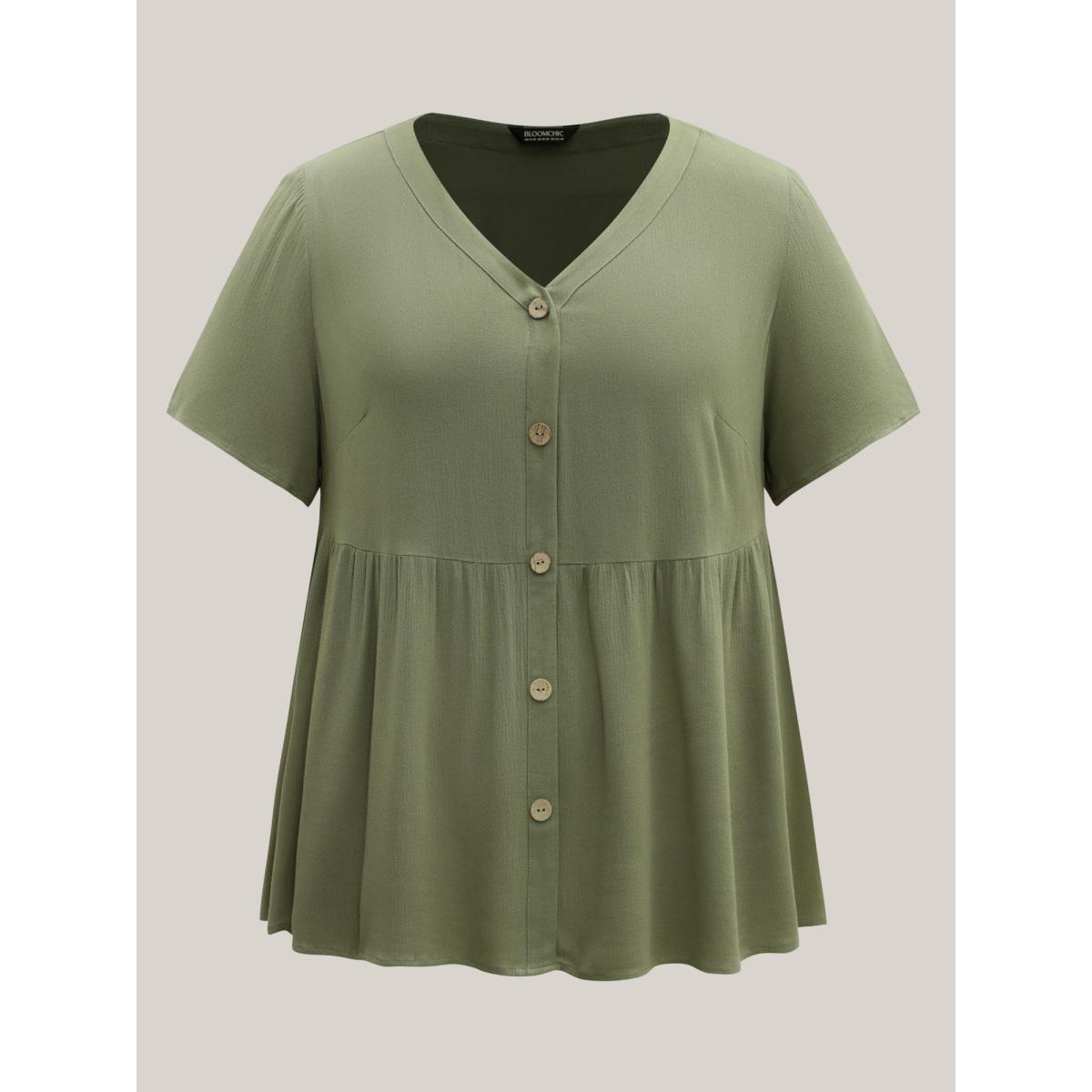 Plus Size Moss Textured Button Placket V-Neck Shirt Women Leisure Short sleeve V-neck Casual Blouses BloomChic 28/5X Product Image