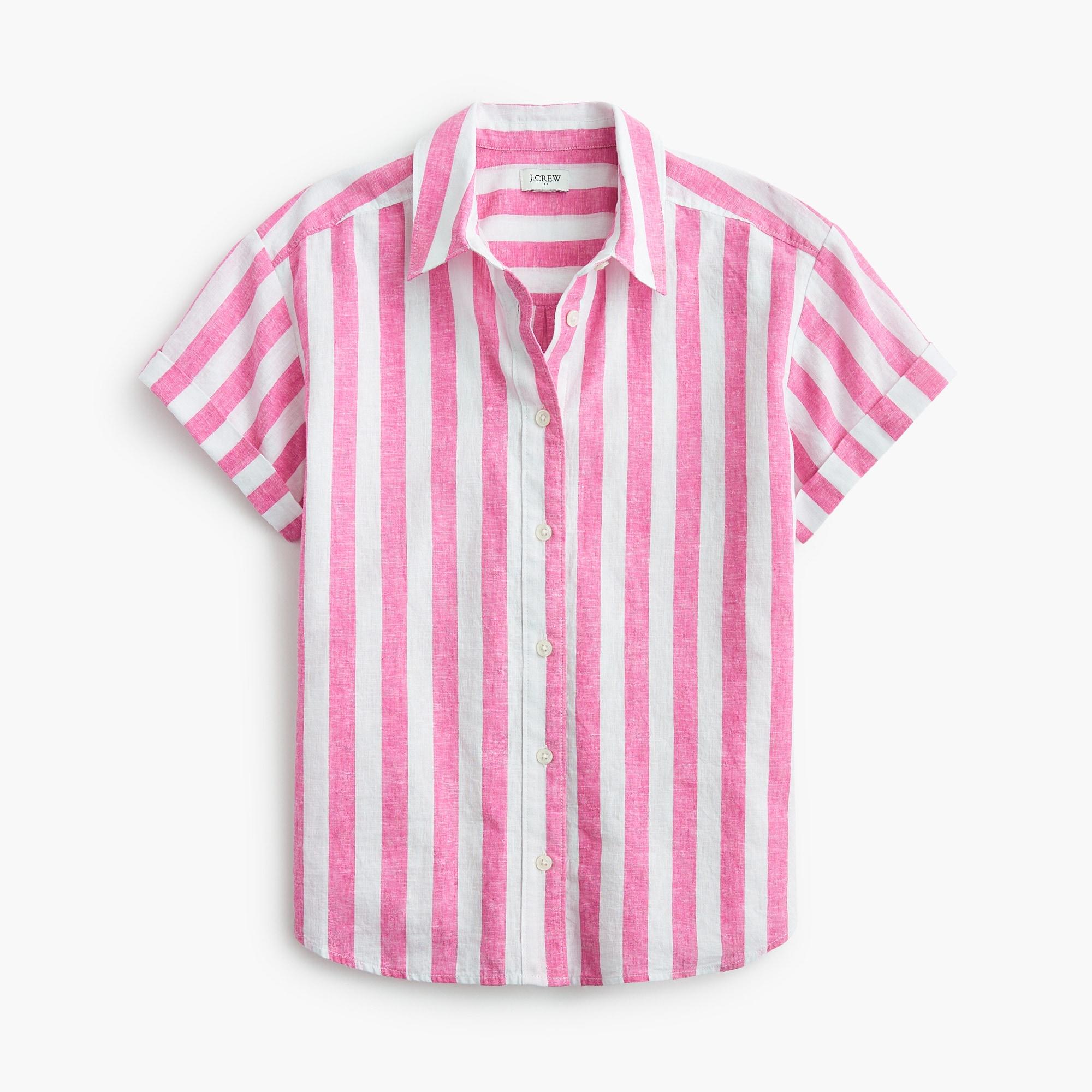 Striped short-sleeve linen-blend button-up shirt Product Image