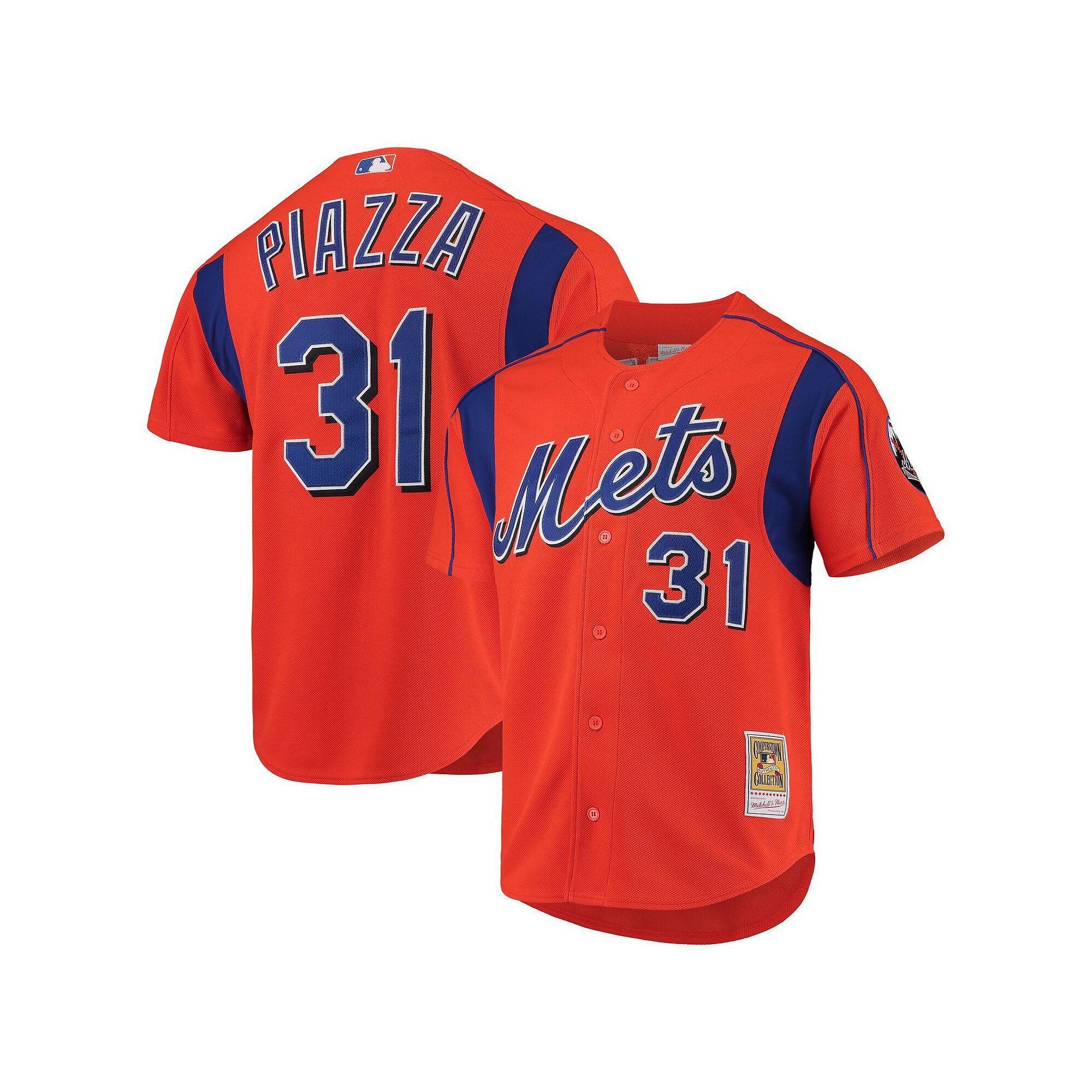 Men's Mitchell & Ness Mike Piazza Orange New York Mets Cooperstown Collection Mesh Batting Practice Button-Up Jersey,  Product Image