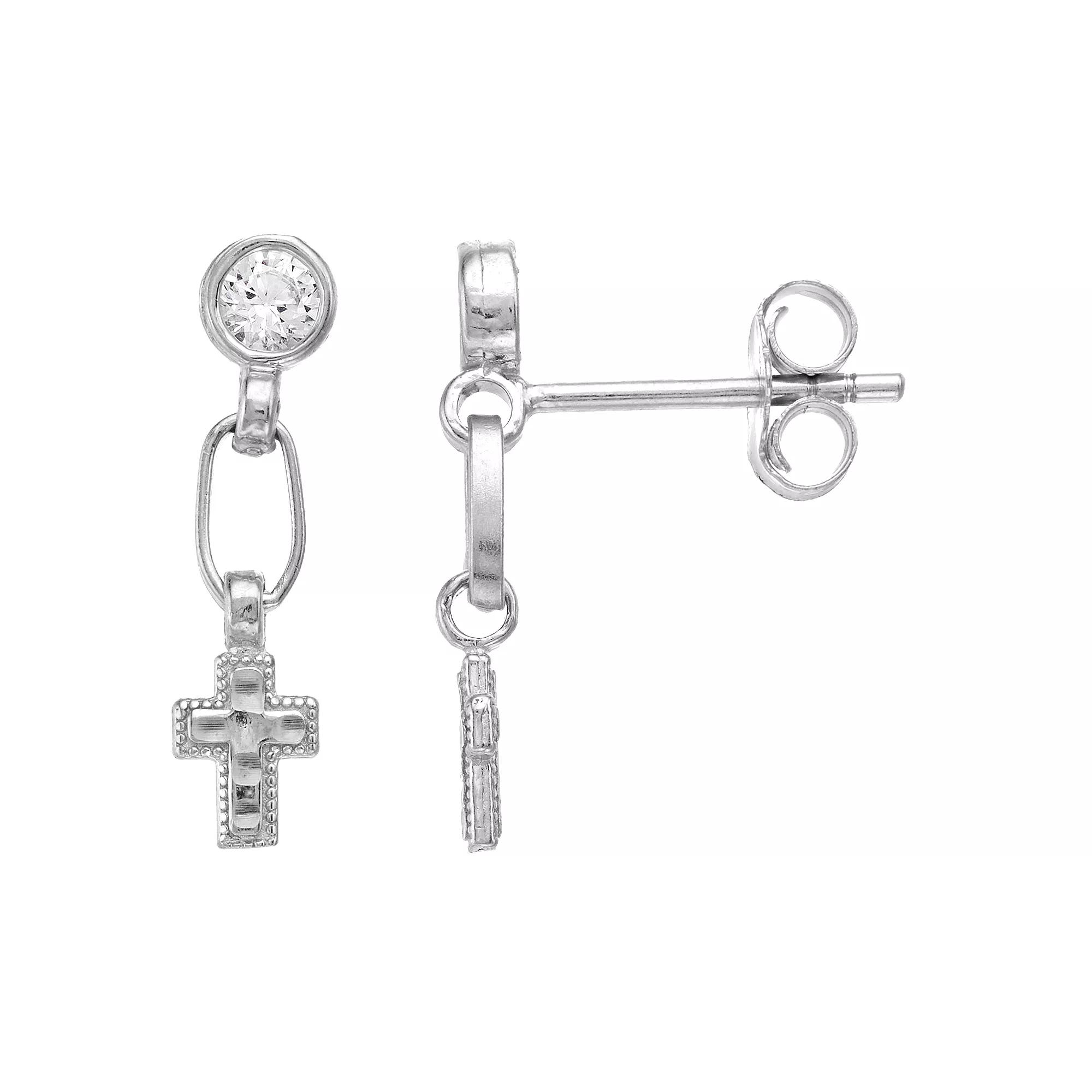Kristen Kesho Sterling Silver Lab-Created White Sapphire Dangle Cross Drop Earrings, Women's Product Image