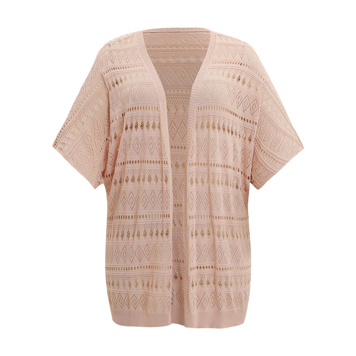 Plus Size Plain Geometric Eyelet Batwing Sleeve Open Front Cardigan Apricot Women Casual Short sleeve Everyday Cardigans BloomChic 28/5X Product Image