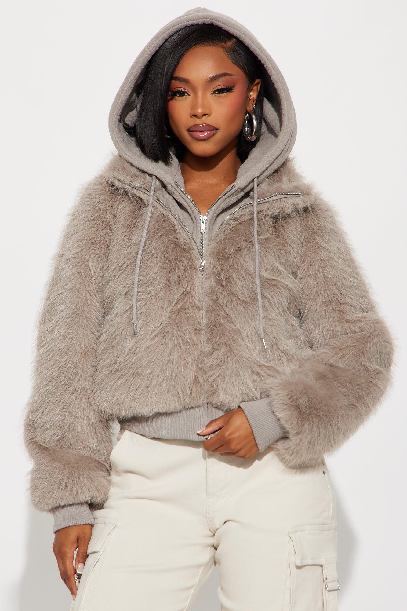 Cuddle Season Faux Fur Zip Up Hooded Coat - Grey Female Product Image